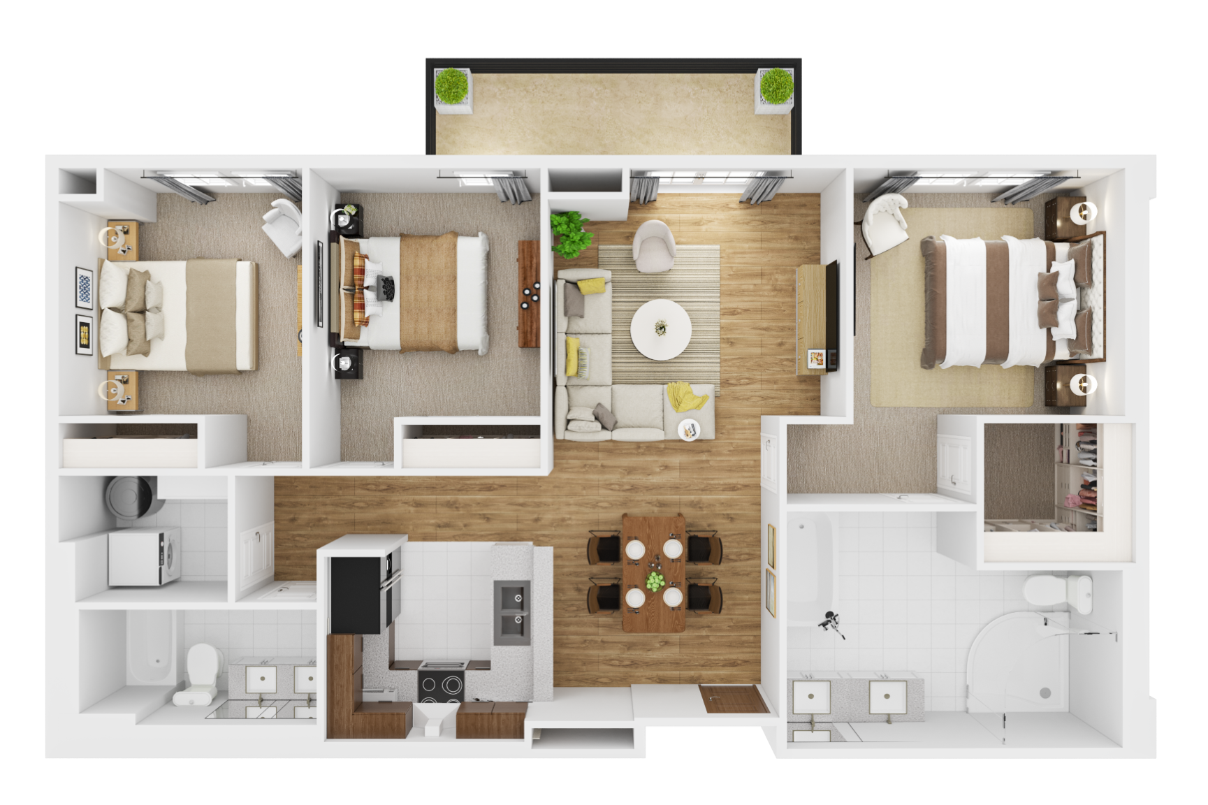 Floor plan for 3 beds, 2 baths, 1390 sqft